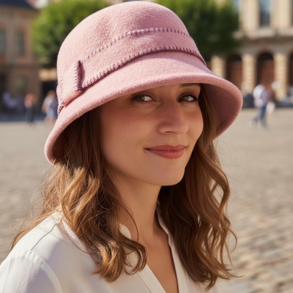 Forbusite Pink Wool Blend Cloche Bucket Hat with Contrast Stitch Trim